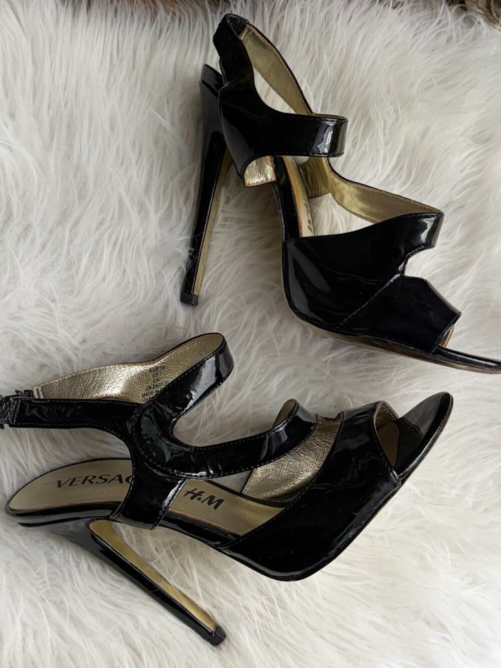 VERSACE × H&M Women's Black Patent Leather High Heel Stiletto Strappy Sandals